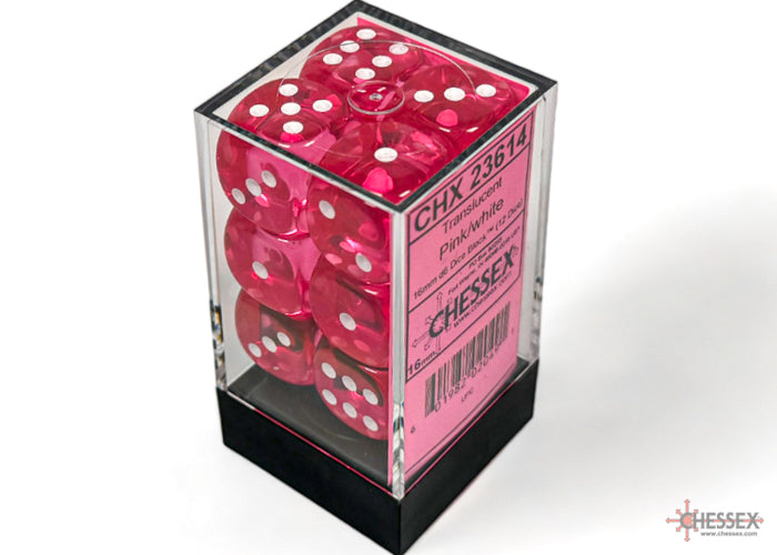 Translucent Pink/white 16mm D6 Dice Block (12 Dice) - Chessex