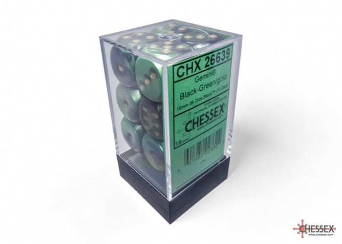 Gemini Black-Green/gold 16mm D6 Dice Block (12 Dice) - Chessex
