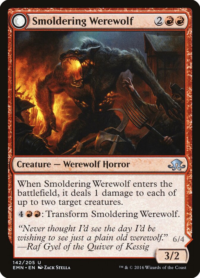 Smoldering Werewolf // Erupting Dreadwolf (142) - Eldritch Moon (EMN)