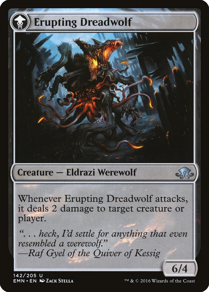 Smoldering Werewolf // Erupting Dreadwolf (142) - Eldritch Moon (EMN)