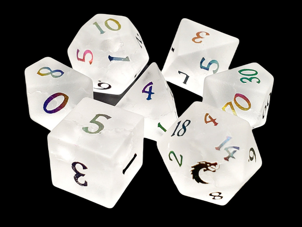 Old School 7 Piece DnD RPG Gemstone Set: Frosted Blast Glass - Moonstone w/ Spectral