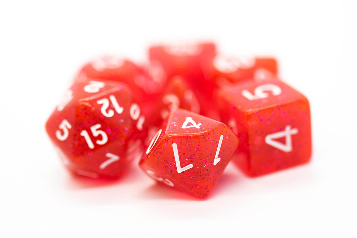 Old School 7 Piece DnD RPG Dice Set: Sparkle Translucent Red