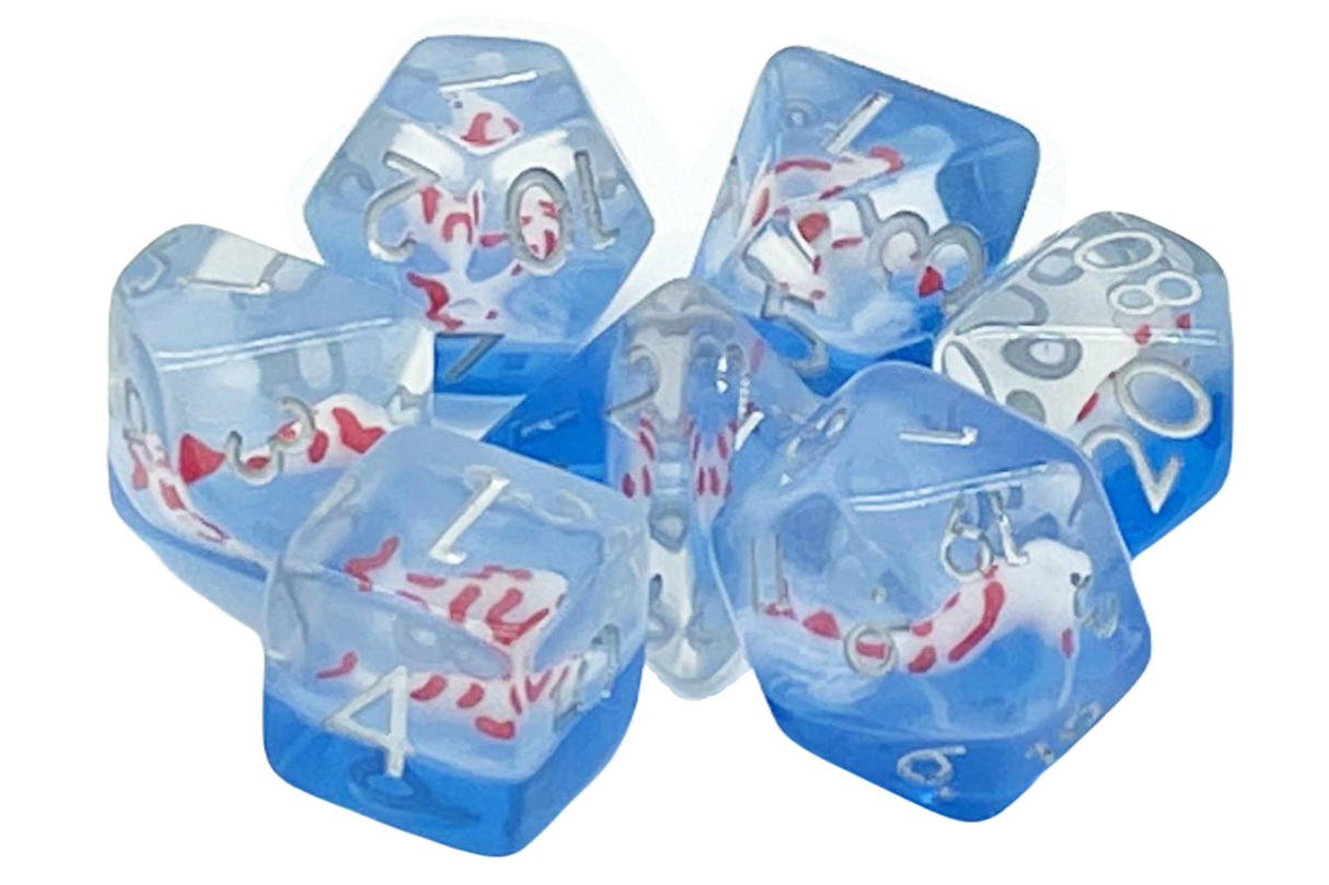 Old School 7 Piece DnD RPG Dice Set: Koi Fish - Red w/ Blue