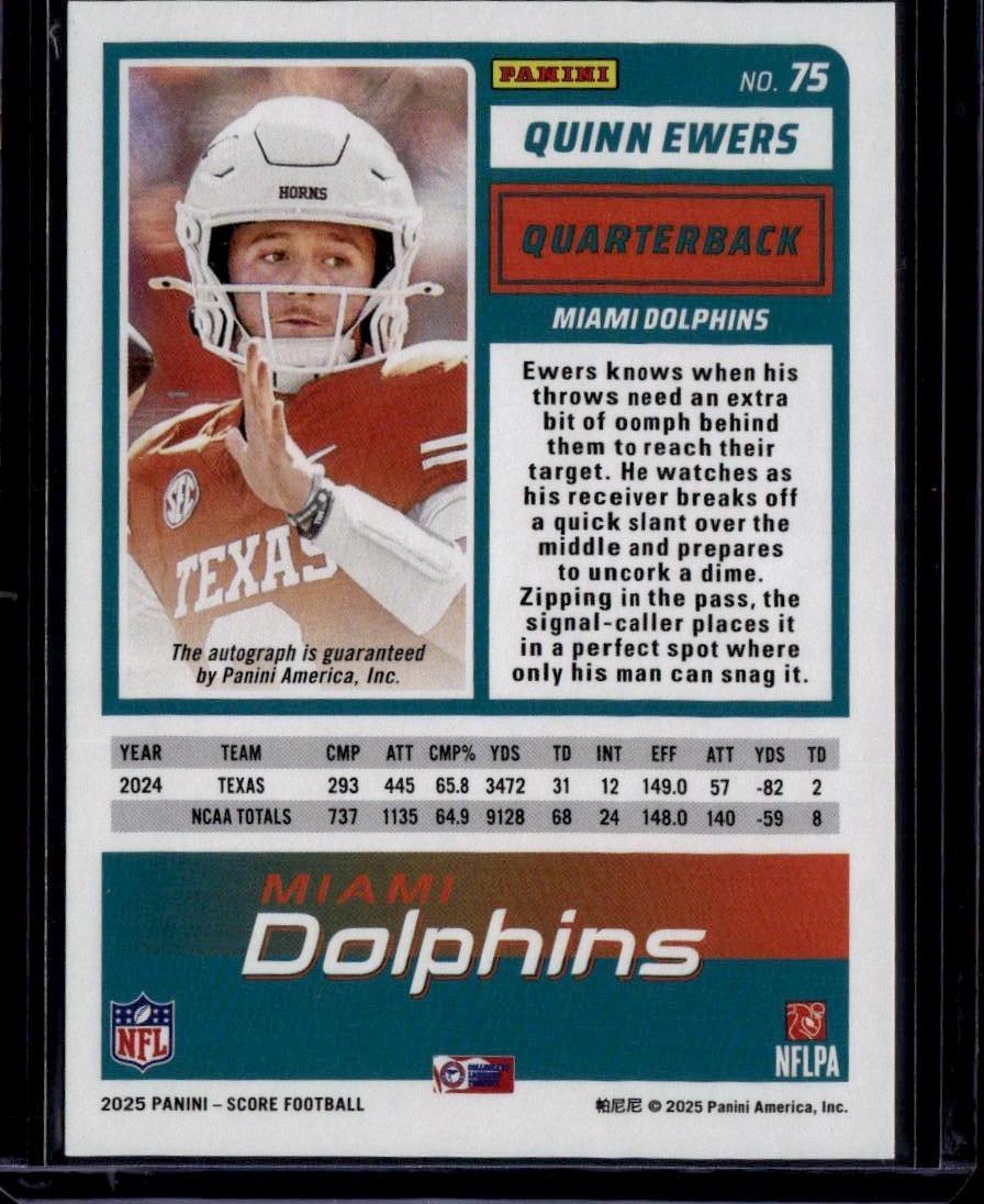 2025 Score #75 Quinn Ewers Base Rookie Signatures Gold Zone #/50