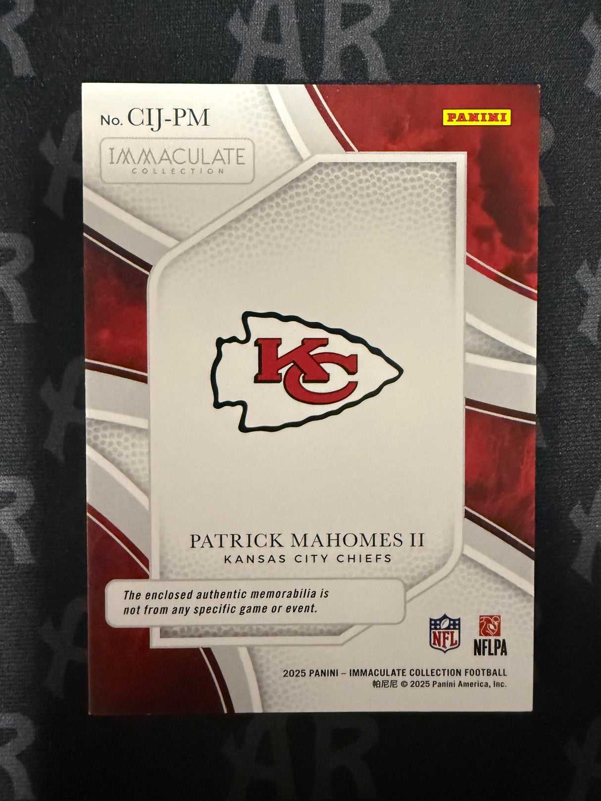 2023 Panini Immaculate #CIJ-PM Patrick Mahomes II Clearly Immaculate Jerseys /99