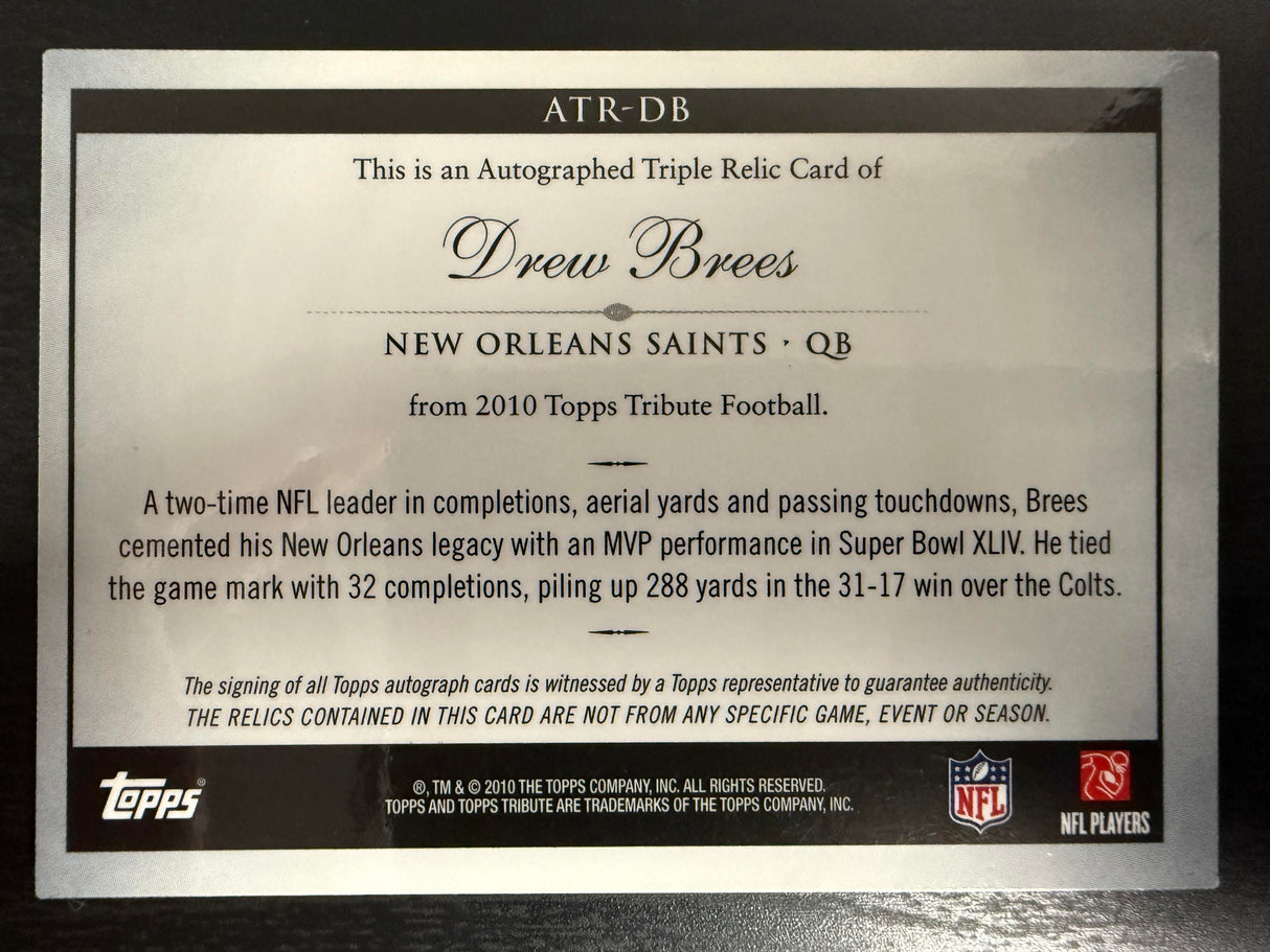 2010 Topps Tribute #ATR-DB Drew Brees Autographed Triple Relics #/20