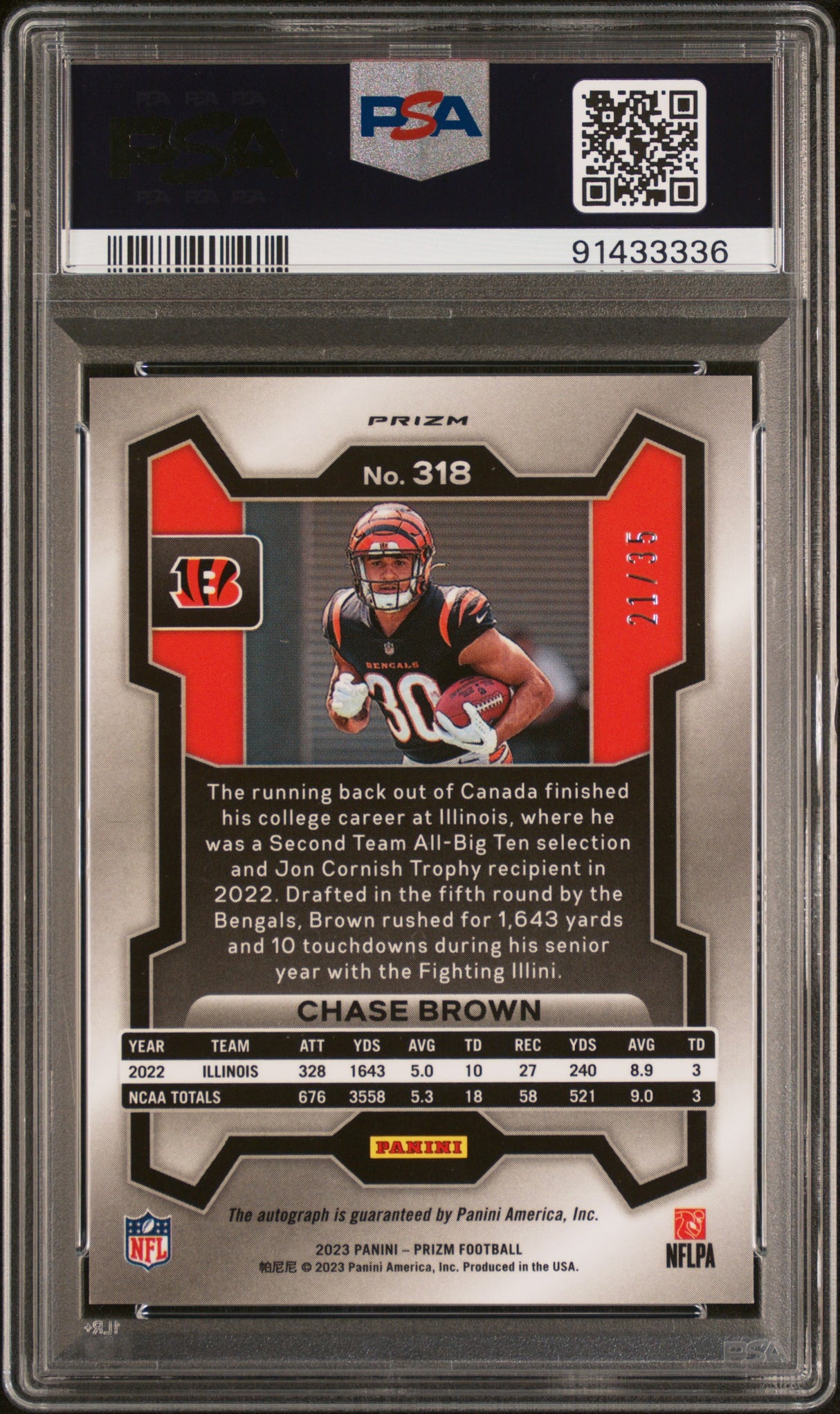 2023 Panini Prizm #318 Chase Brown Autograph-Red Shimmer PSA 10 #/35
