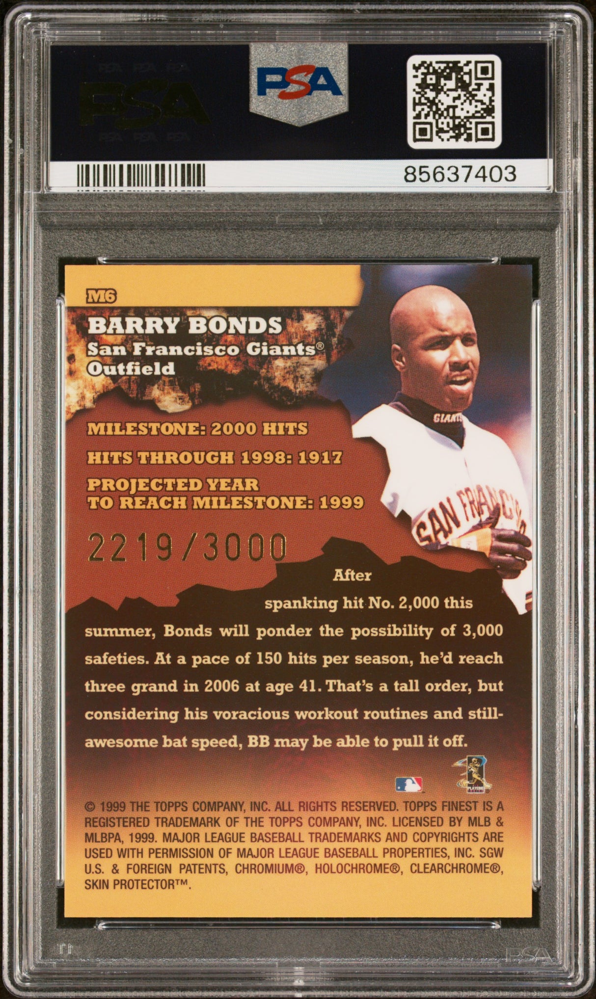 1999 Finest #M6 Barry Bonds Milestones PSA 10 #/3000