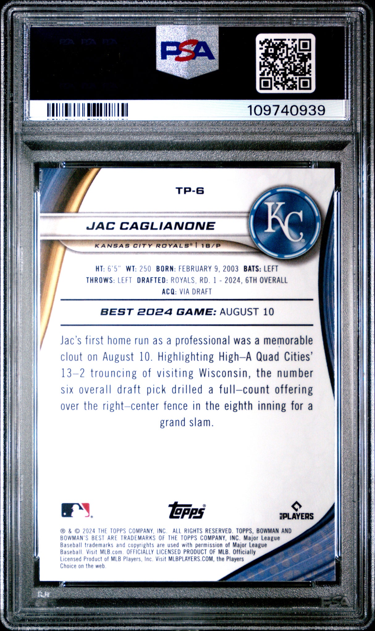 2024 Bowman'S Best Top Prospects #TP6 Jac Caglianone PSA 10