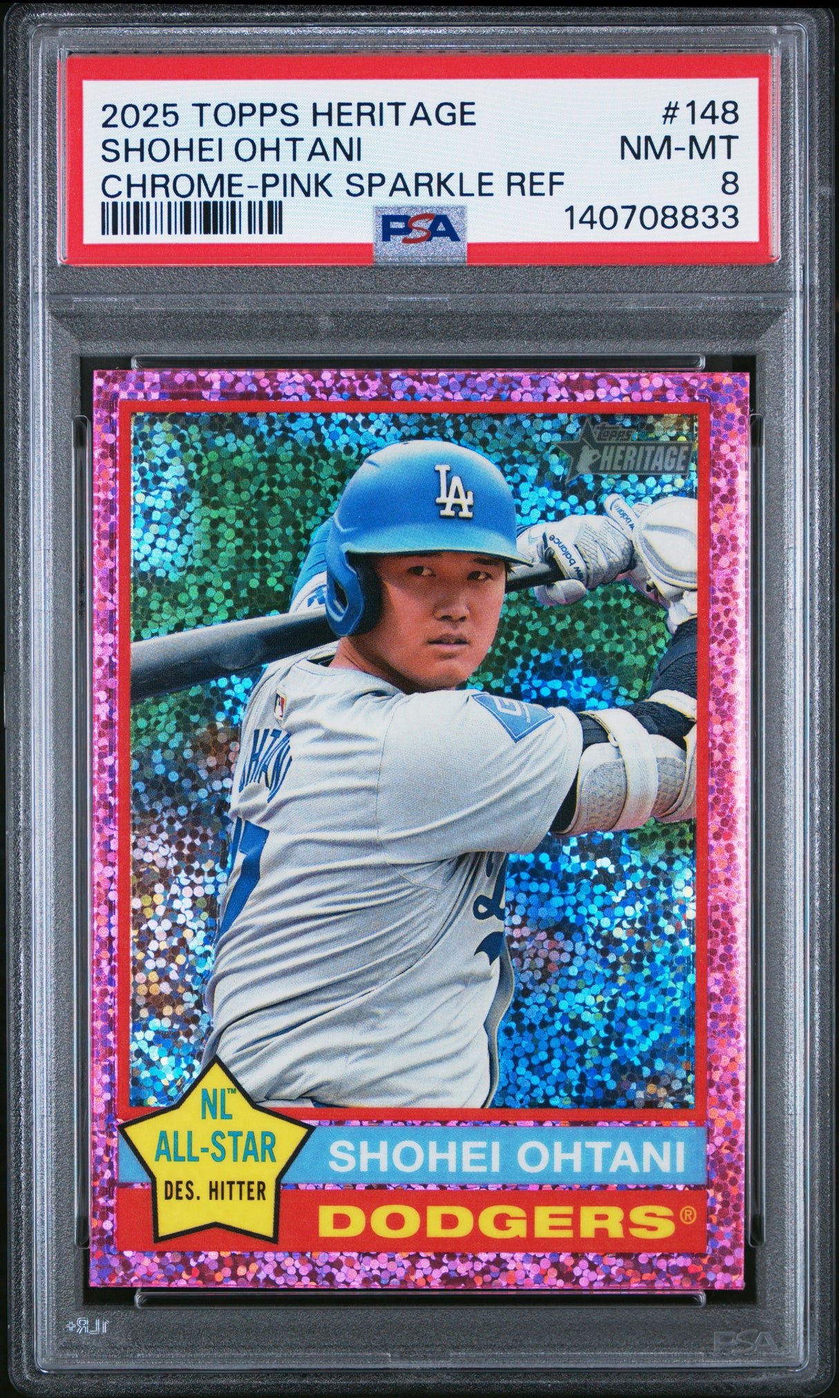 2025 Topps Heritage #148 Shohei Ohtani Chrome-Pink Sparkle Ref PSA 8