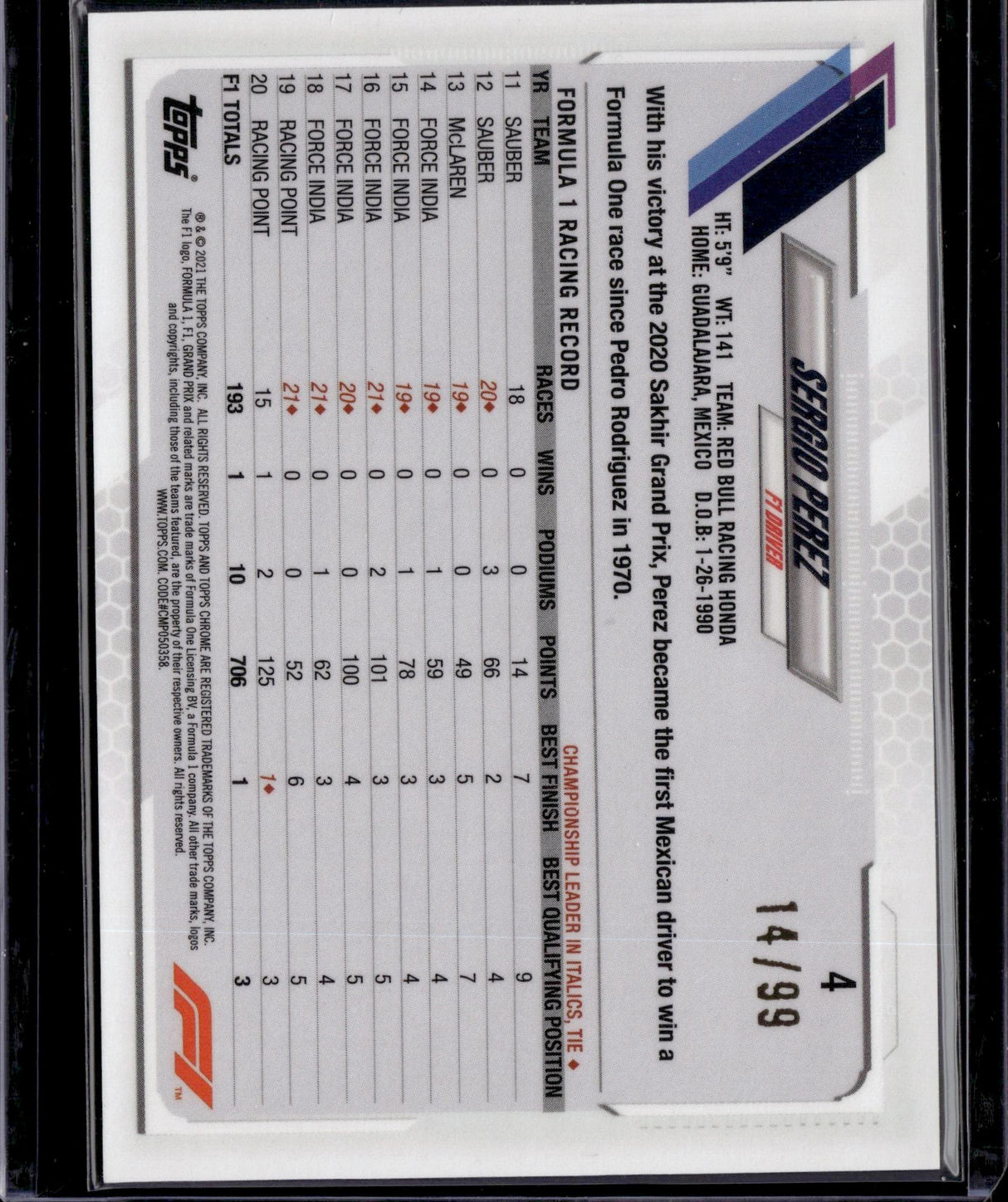 2021 Topps Chrome Sapphire Formula 1 Sergio Perez Aqua /99