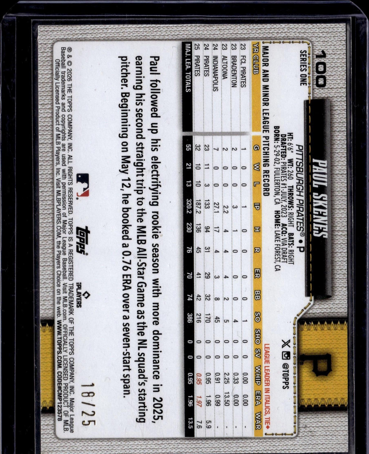 2026 Topps #100 Paul Skenes Dugout Peeks Orange