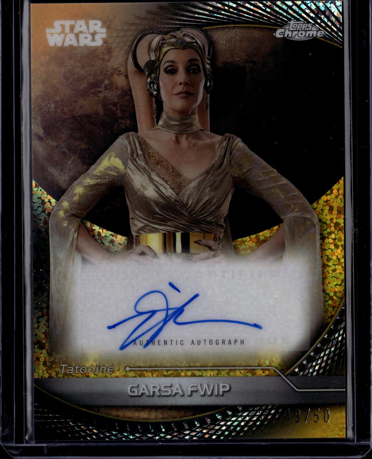 2025 Topps Star Wars Hyperspace Jennifer Beals Auto Gold Galactic Dust Refractor