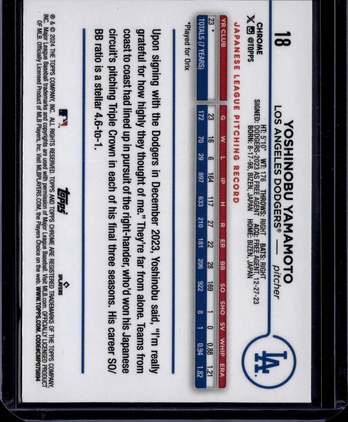 2024 Topps Chrome Yoshinobu Yamamoto Green Raywave Refractor /99