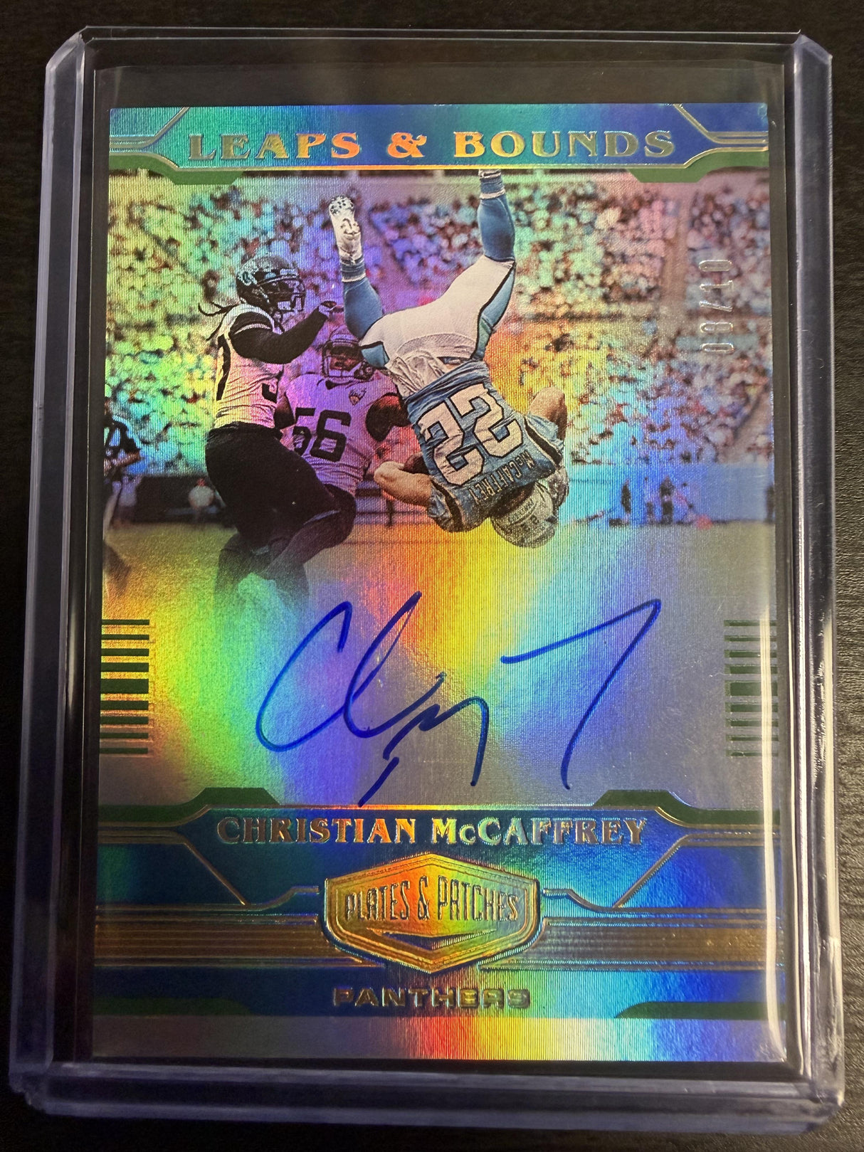 2020 Plates & Patches Christian McCaffrey Leaps & Bounds Auto /10 (Corner Flaw)