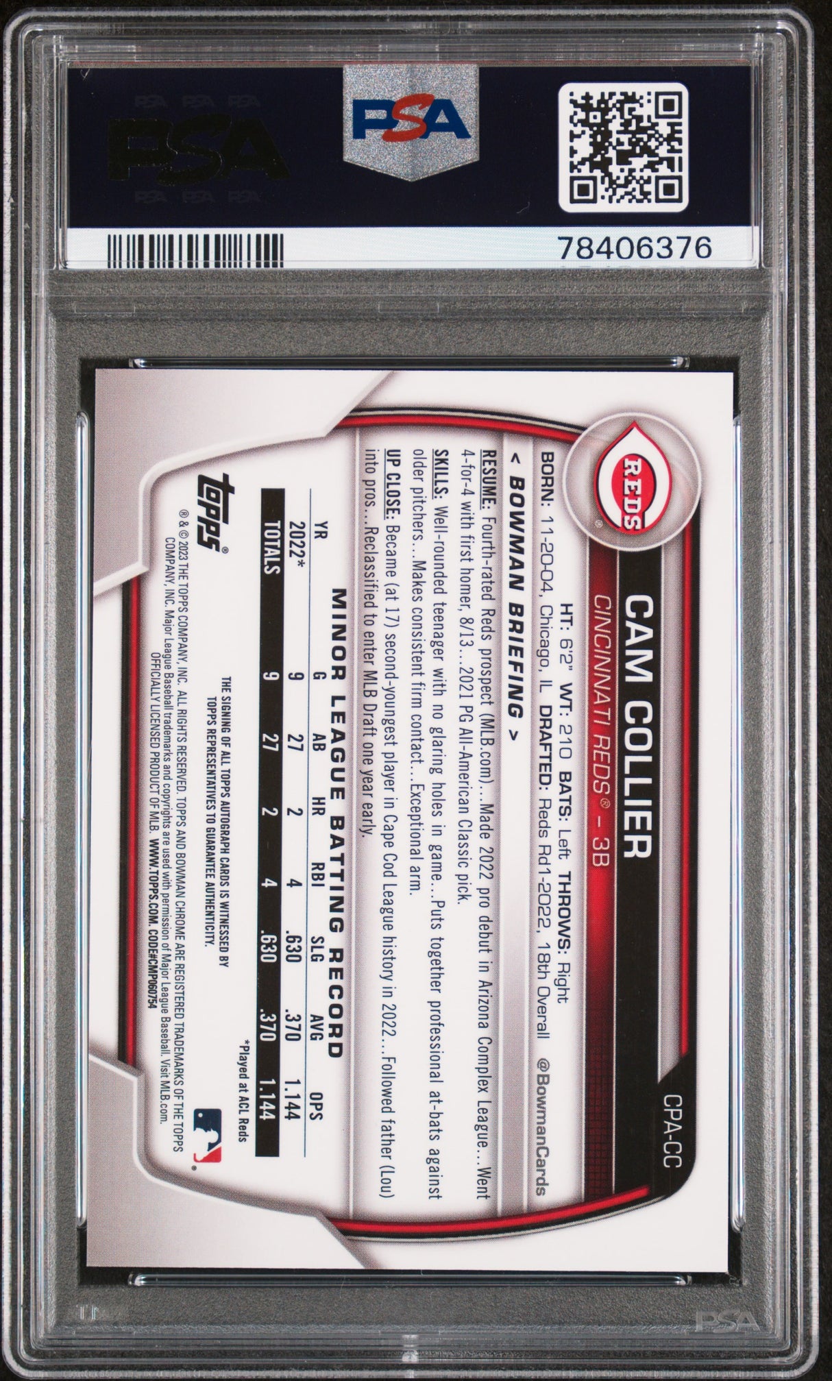 2023 Bowman Chrome Cam Collier Auto Purple PSA 10/10