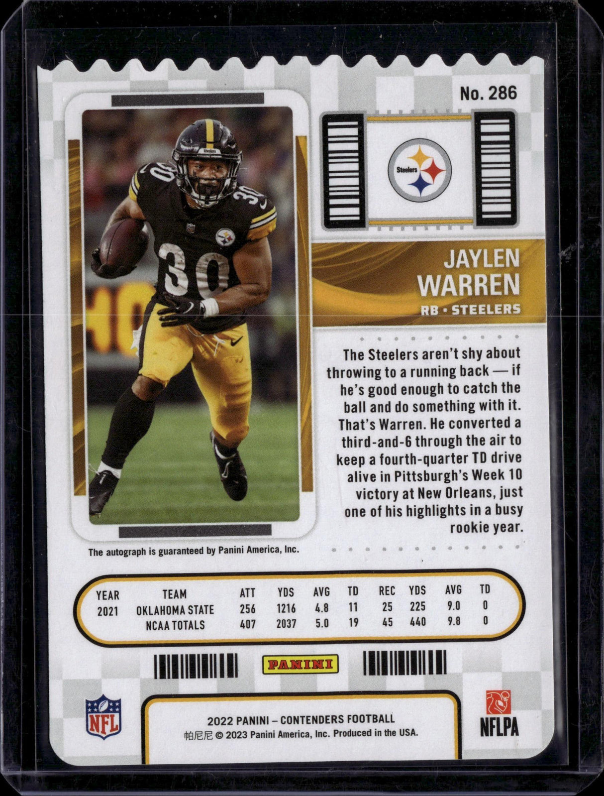 2022 Panini Contenders #286 Jaylen Warren Rookie Ticket Stub