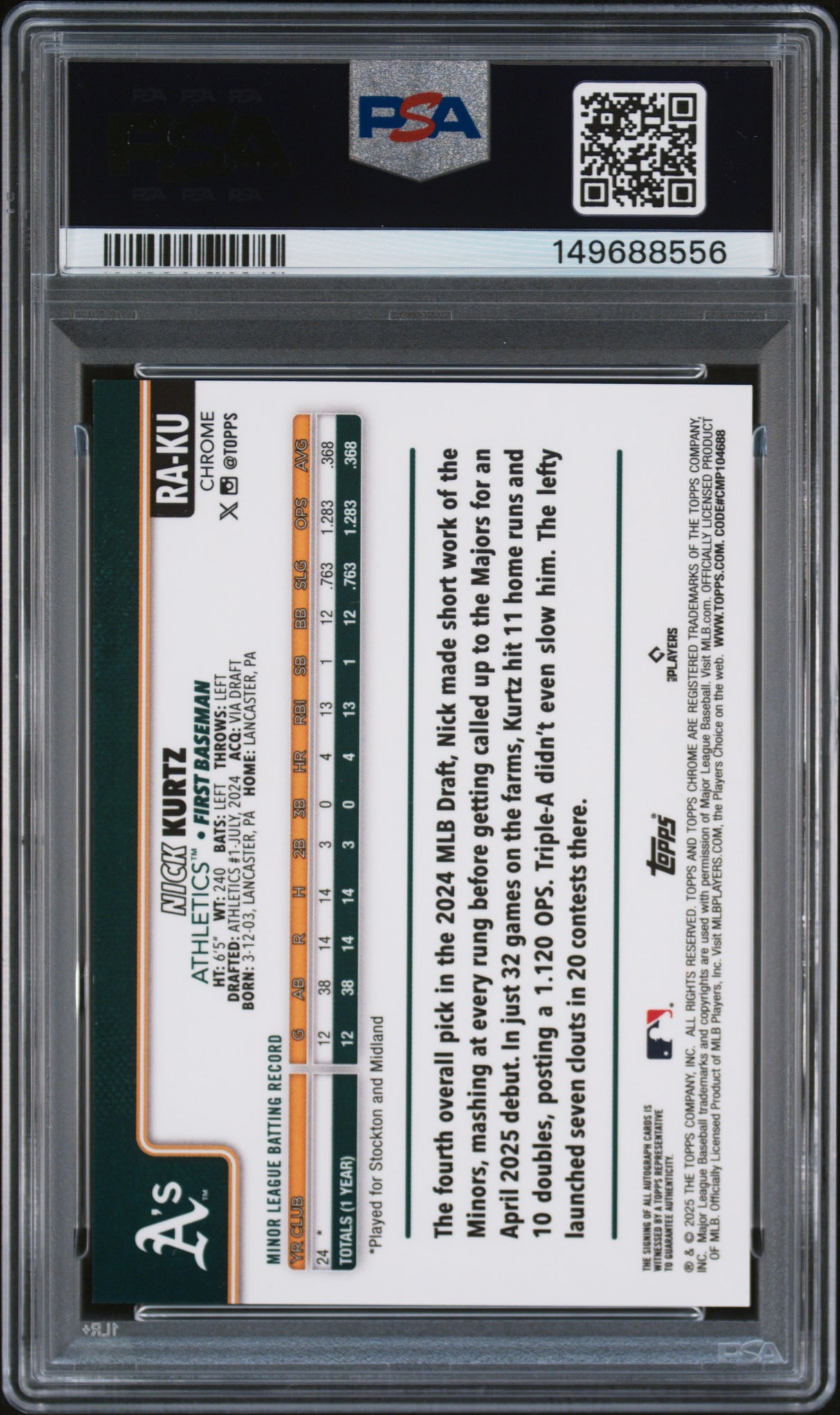 2025 Topps Chrome Rookie Autographs #RAKU Nick Kurtz Rookie Autograph PSA 9