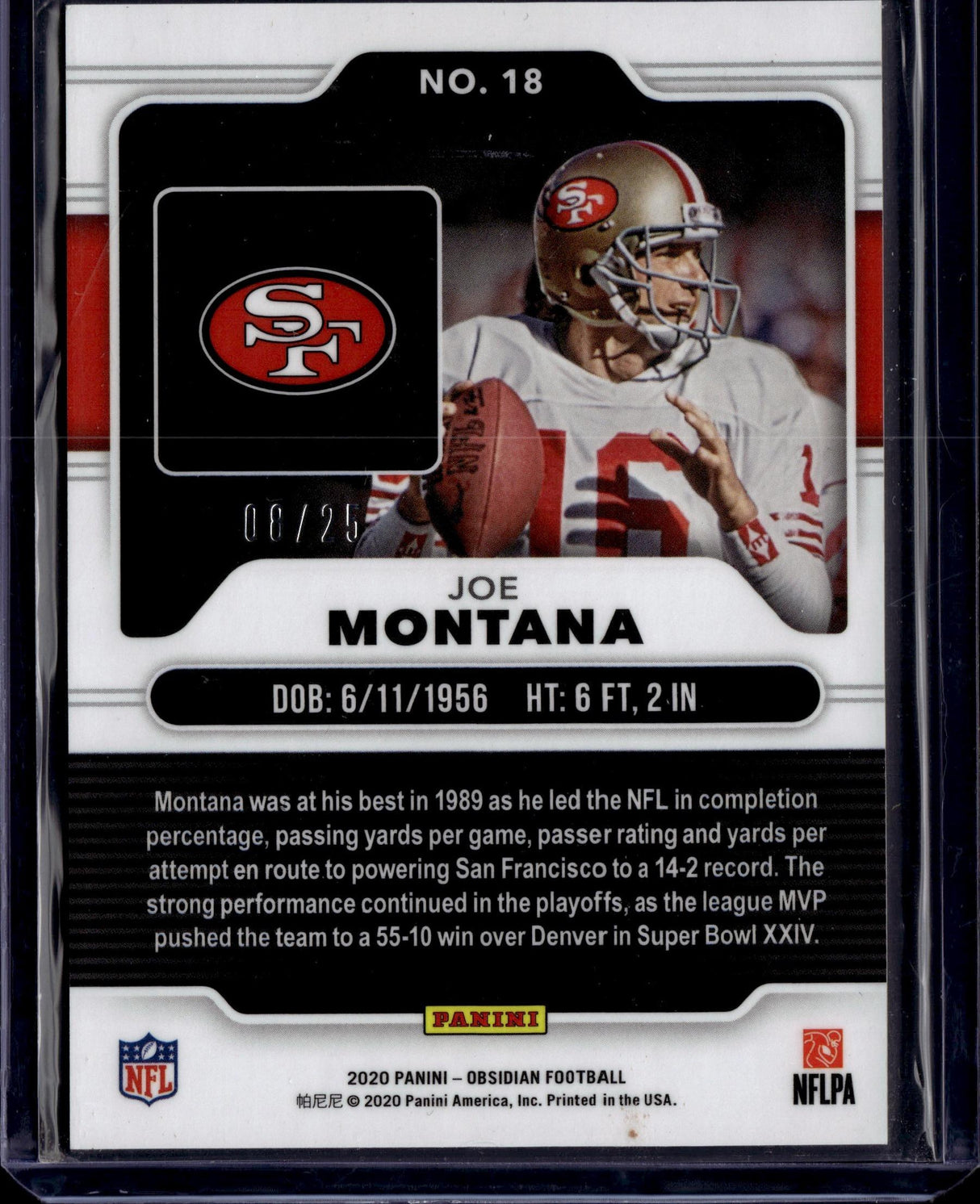 2020 Panini Obsidian #18 Joe Montana Electric Etch Yellow