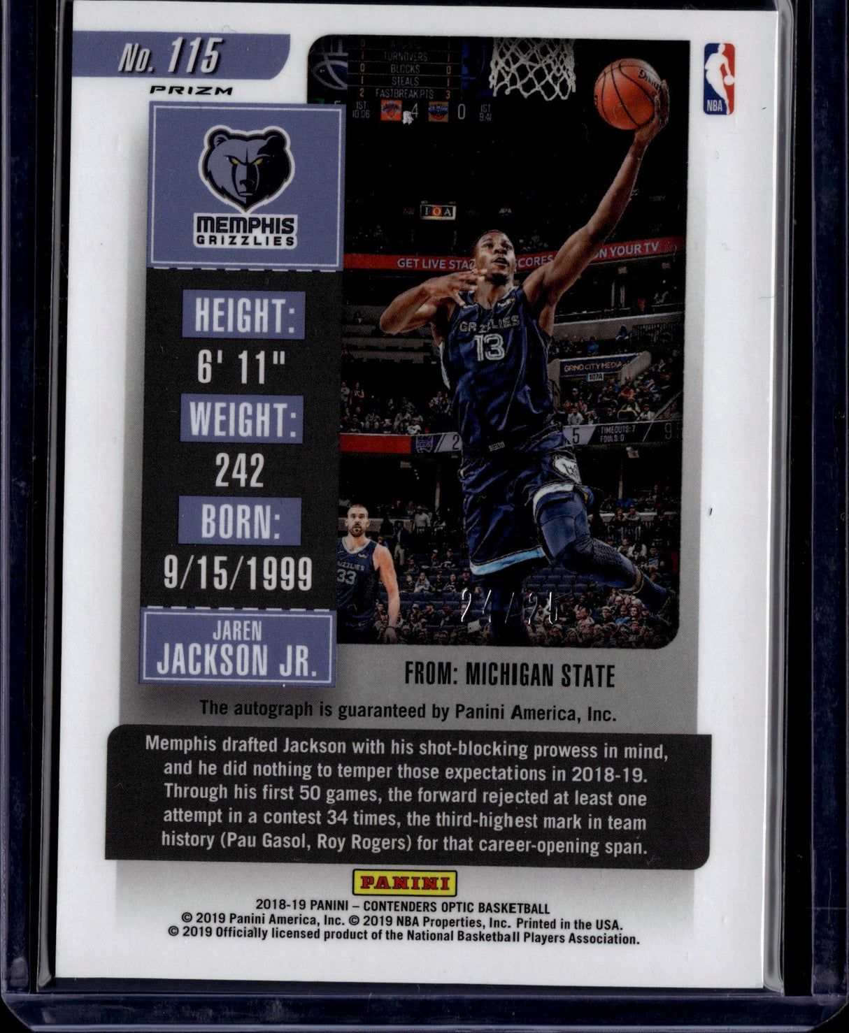 2018-19 Panini Contenders Optic #115 Jaren Jackson Jr. Auto Orange /25