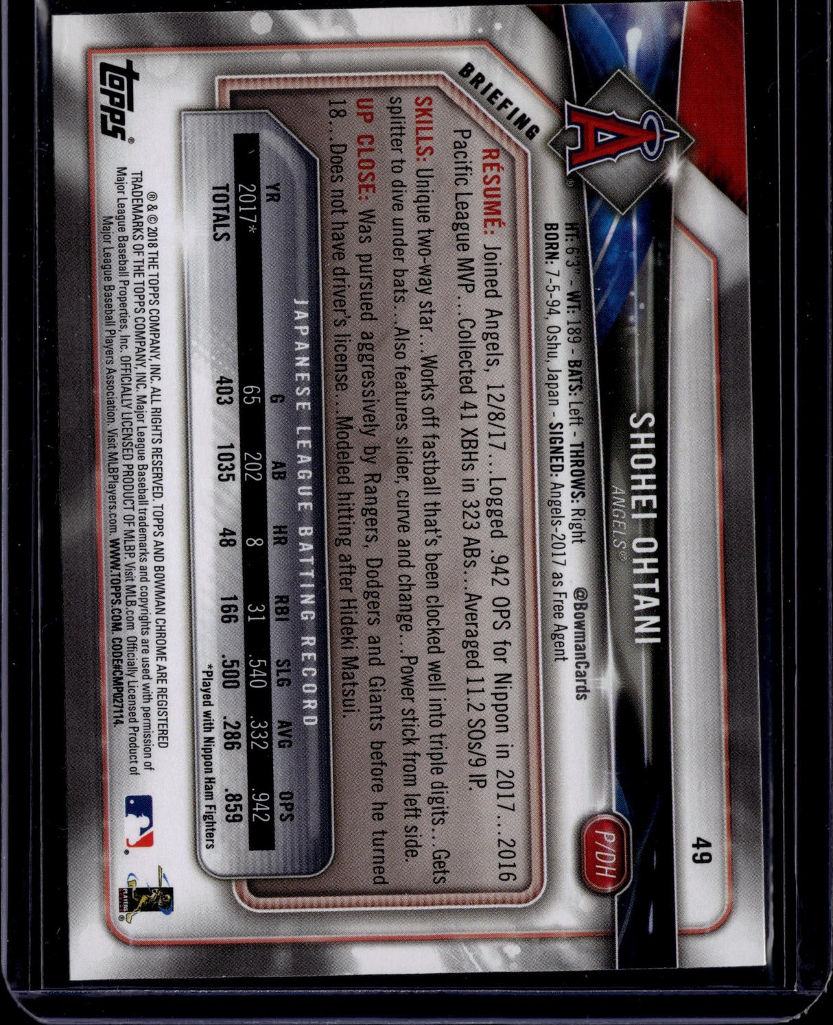 2018 Bowman Shohei Ohtani RC #49