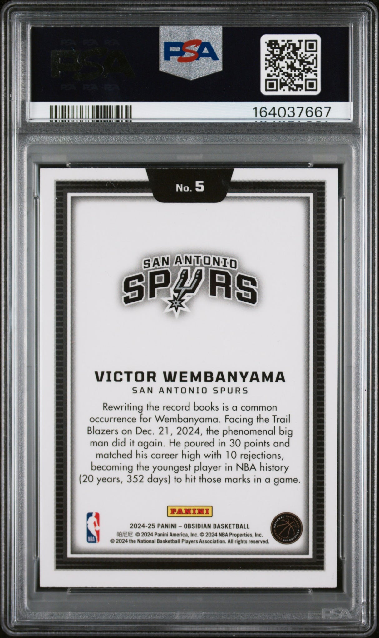 2024 Panini Obsidian Black Color Blast #5 Victor Wembanyama PSA 8