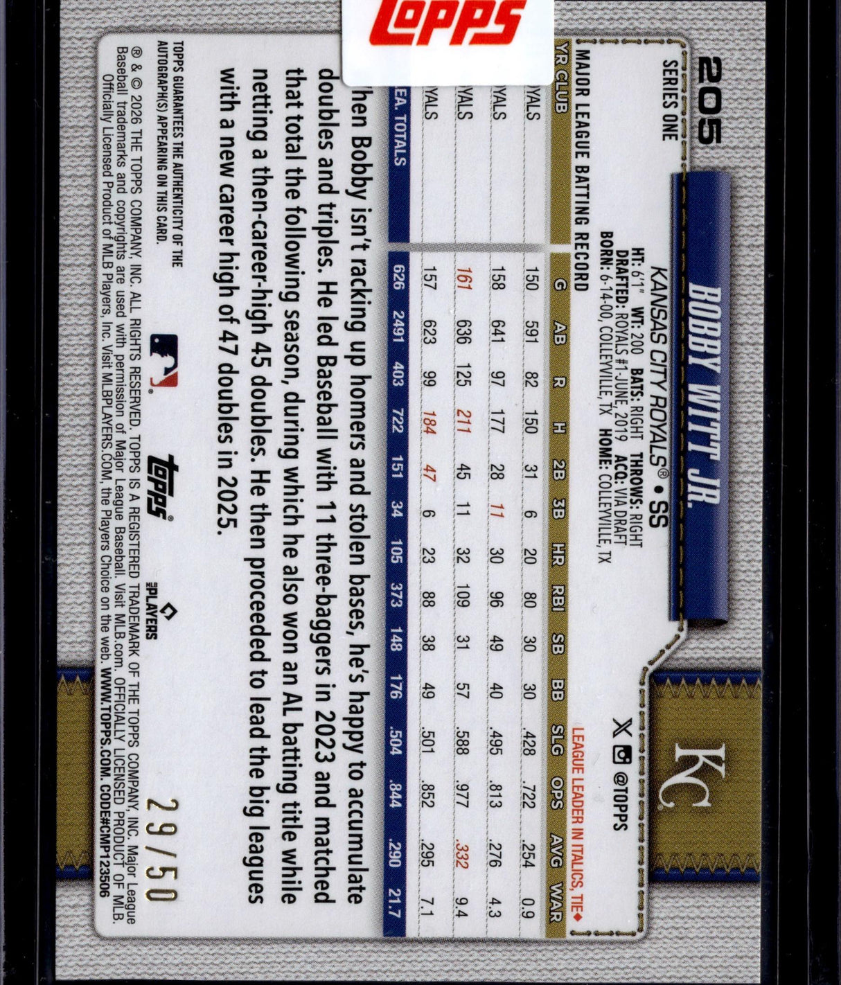 2026 Topps Bobby Witt Jr. Real One Auto Gold Foil /50