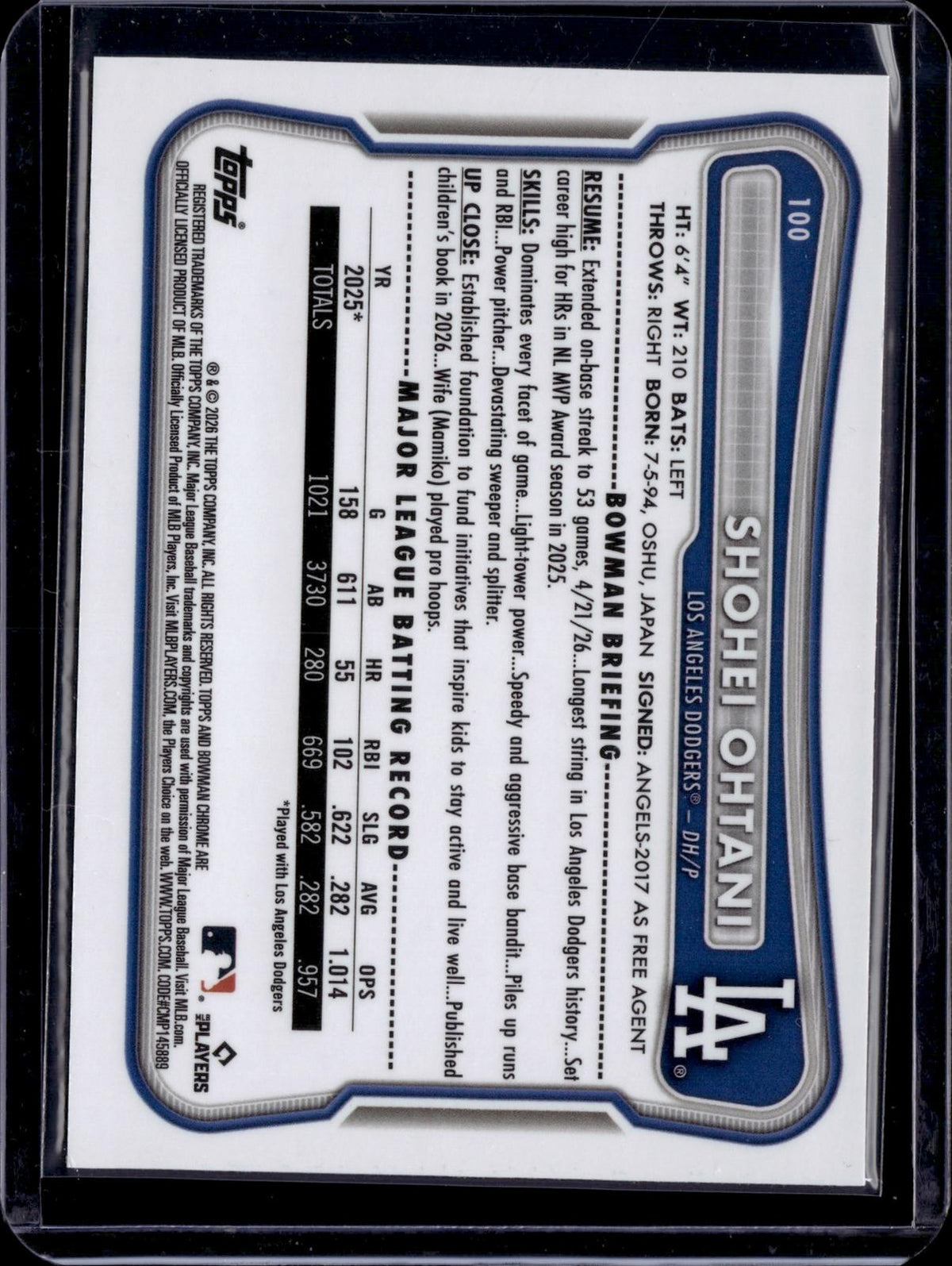 2026 Bowman Chrome #100 Shohei Ohtani True Blue Refractor /150