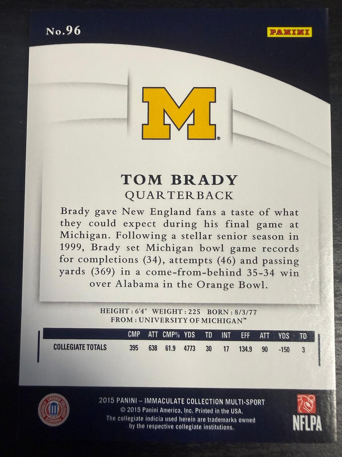 2015 Panini Immaculate Collection Collegiate #96 Tom Brady