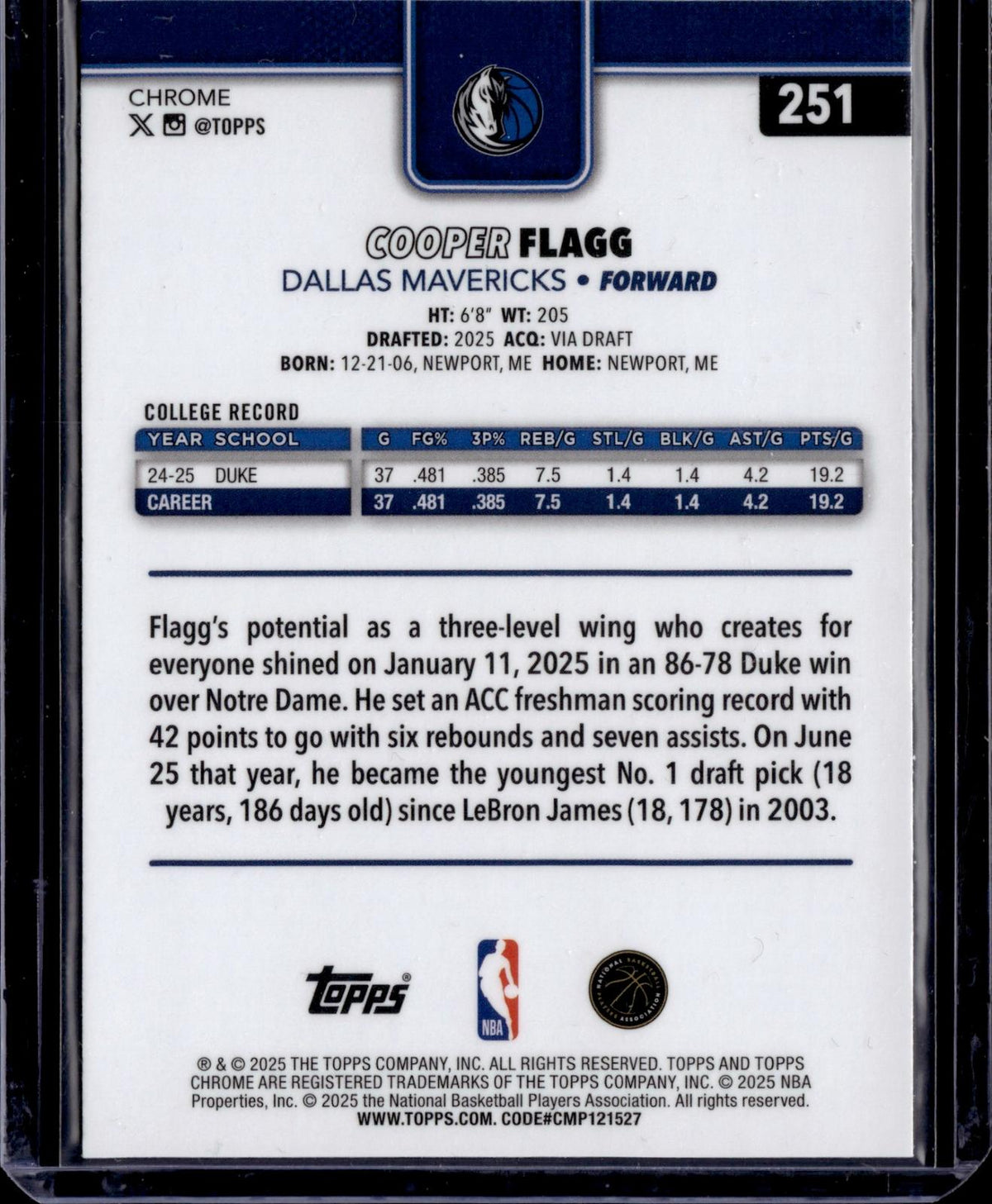 2025-26 Topps Chrome #251 Cooper Flagg Basketball Refractor