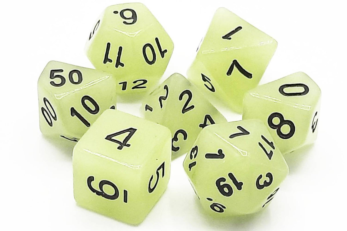 Old School 7 Piece DnD RPG Dice Set: Glow Dice Grey
