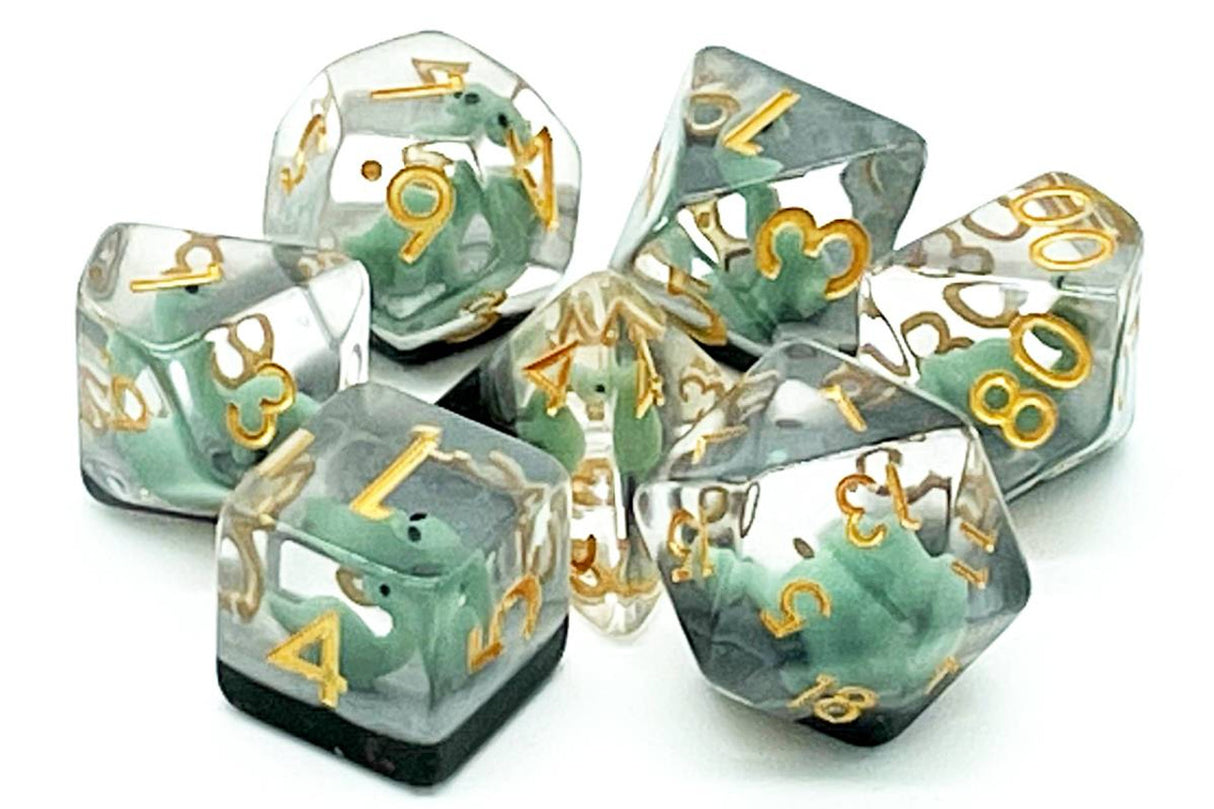 Old School 7 Piece DnD RPG Dice Set: Animal Kingdom - Baby Brontosaurus - Green