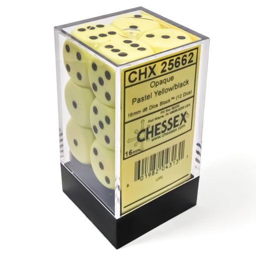 Opaque Pastel Yellow/black 16mm D6 Dice Block (12 Dice) - Chessex