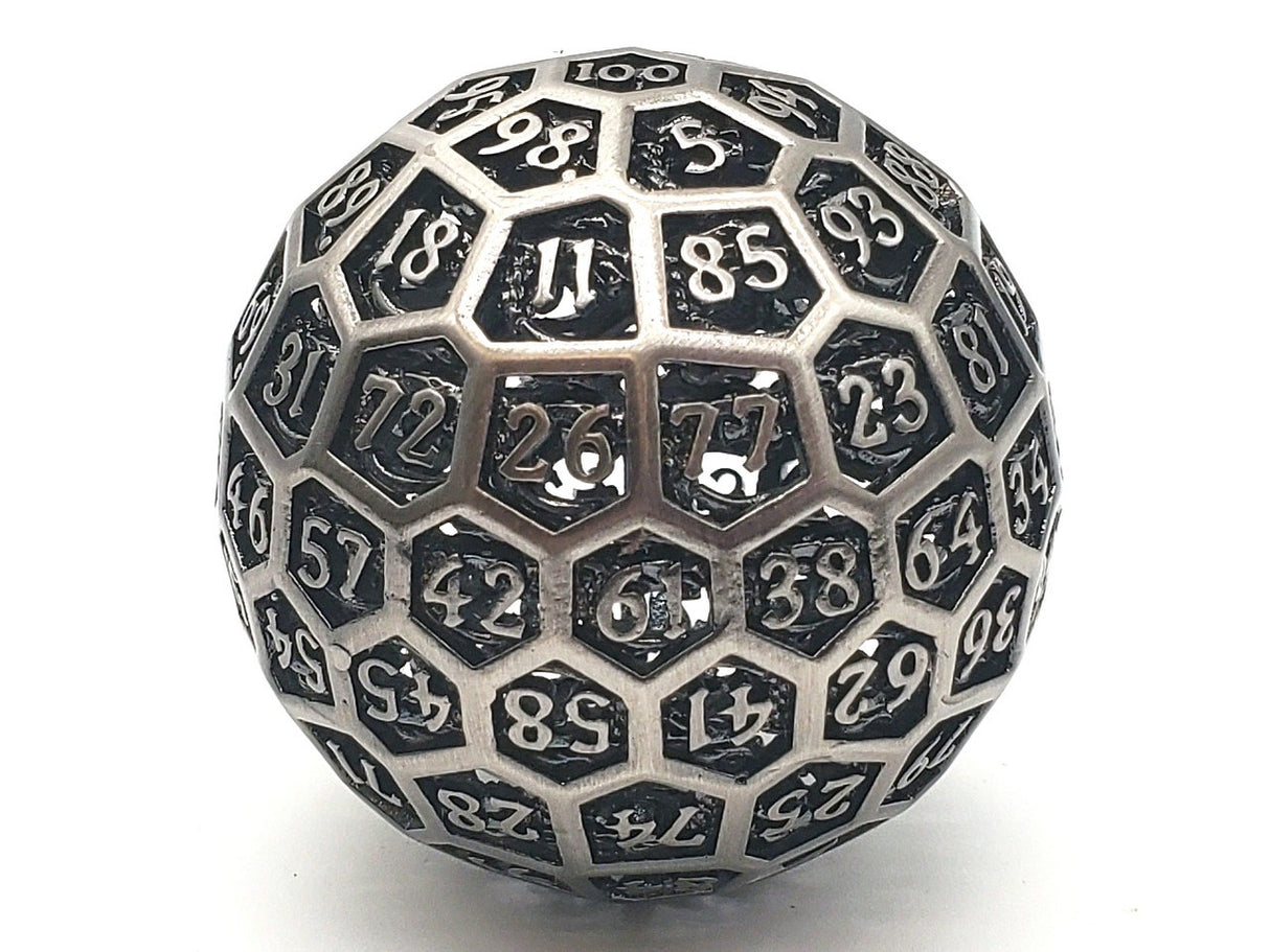 Old School Dice: Hollow Metal 50mm D100 - Dragon's Head - Ancient Silver