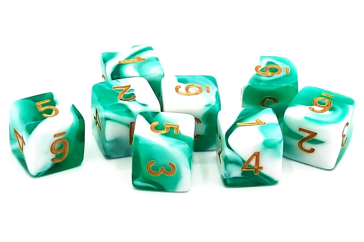 Old School Dice: D6 8-Piece Dice Set - Vorpal - Cyan & White w/ Gold