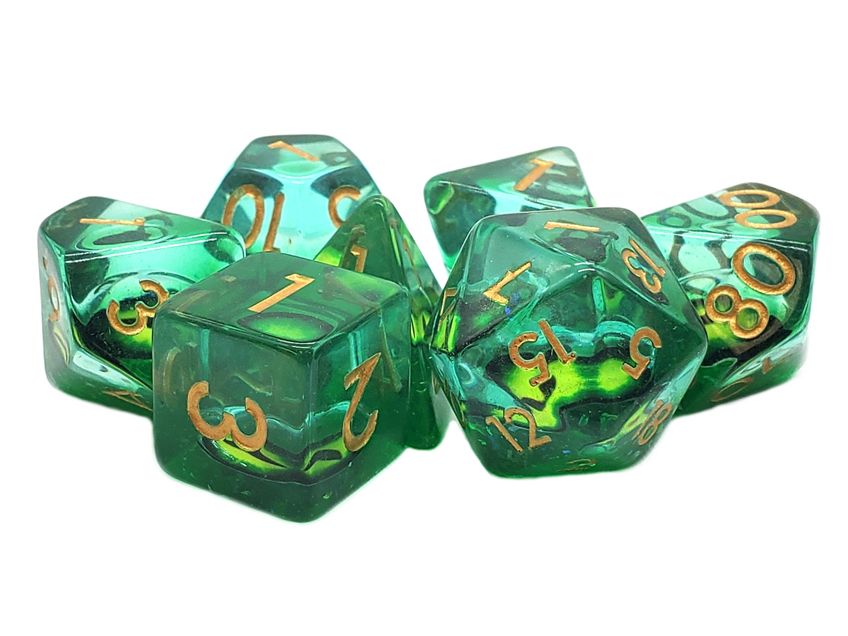 Old School 7 Piece DnD RPG Dice Set: Infused - Dragon Eye Green