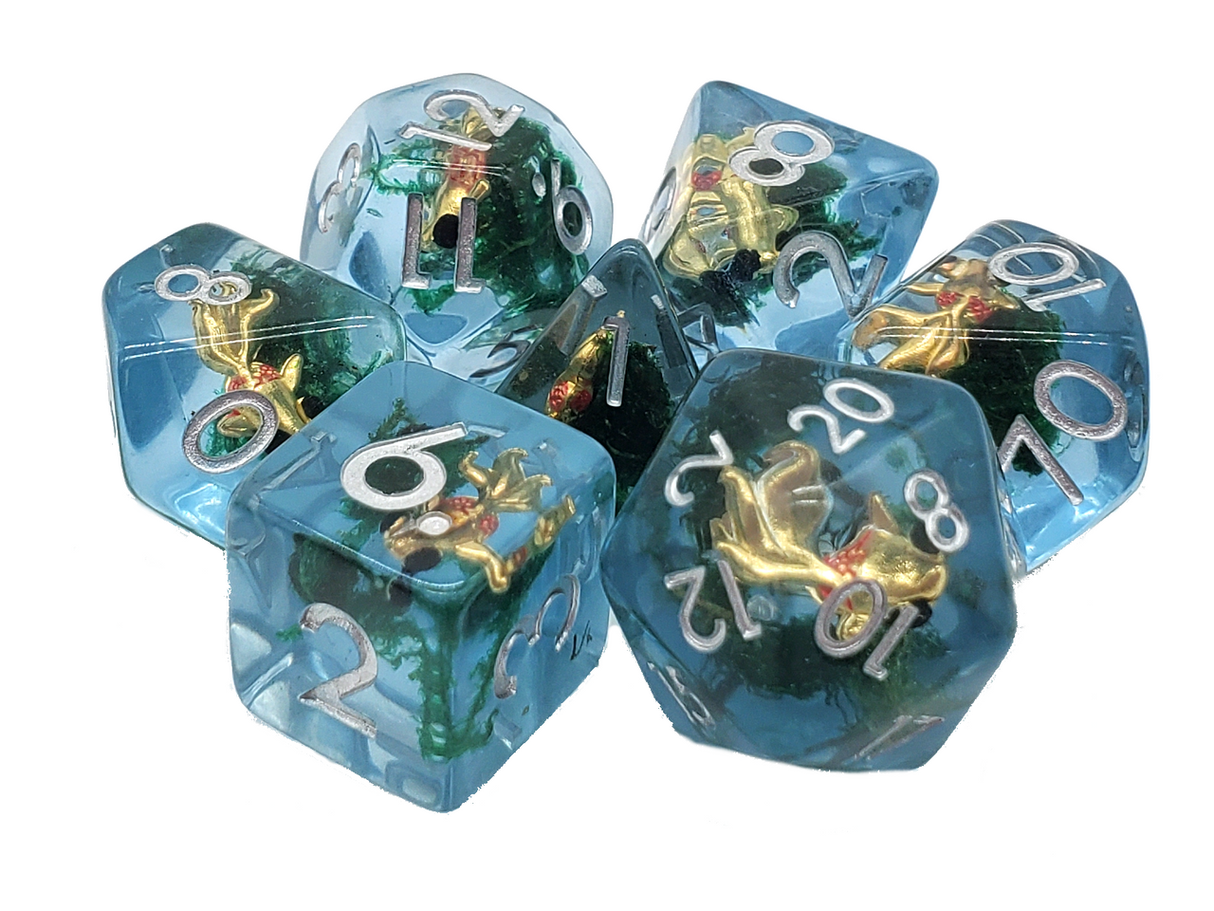 Old School 7 Piece DnD RPG Dice Set: Animal Kingdom - Gold Fish