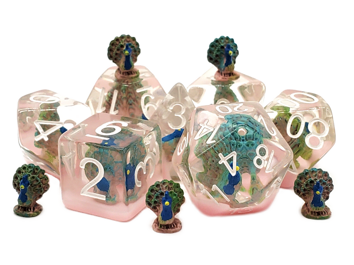 Old School 7 Piece DnD RPG Dice Set: Animal Kingdom - Peacock Strut