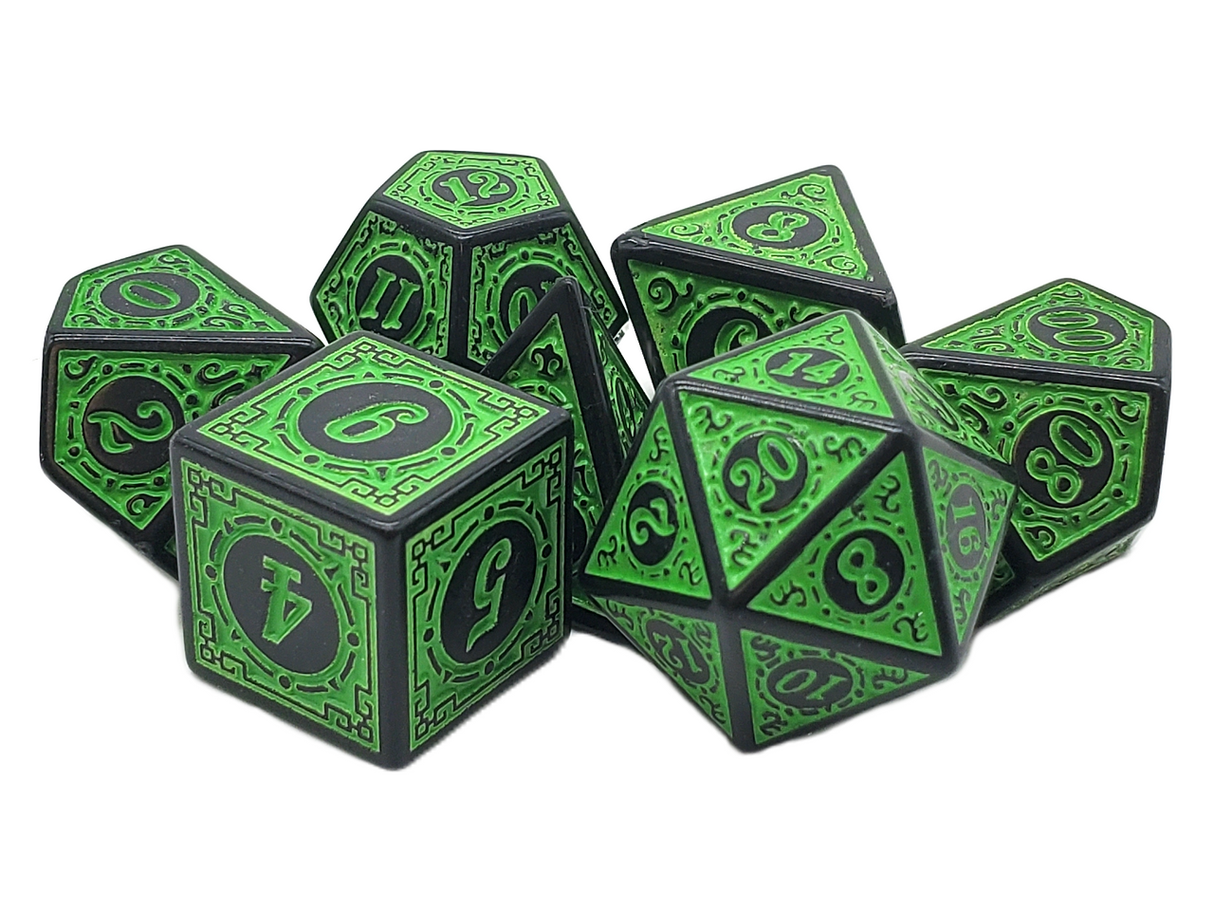Old School 7 Piece DnD RPG Dice Set: Rune Dice - Magical Runes - Green