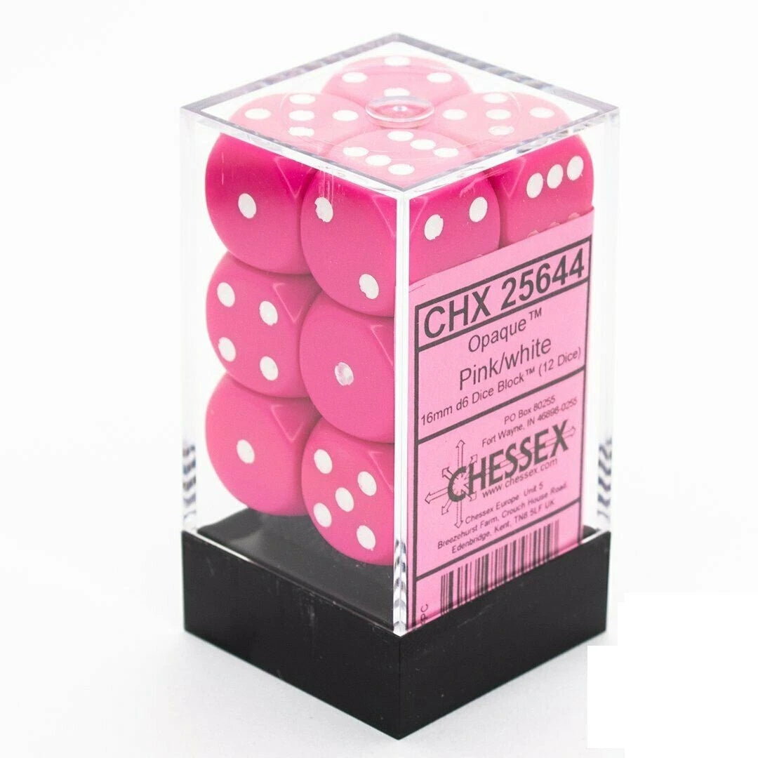 Opaque Pink/white 16mm D6 Dice Block (12 Dice) - Chessex