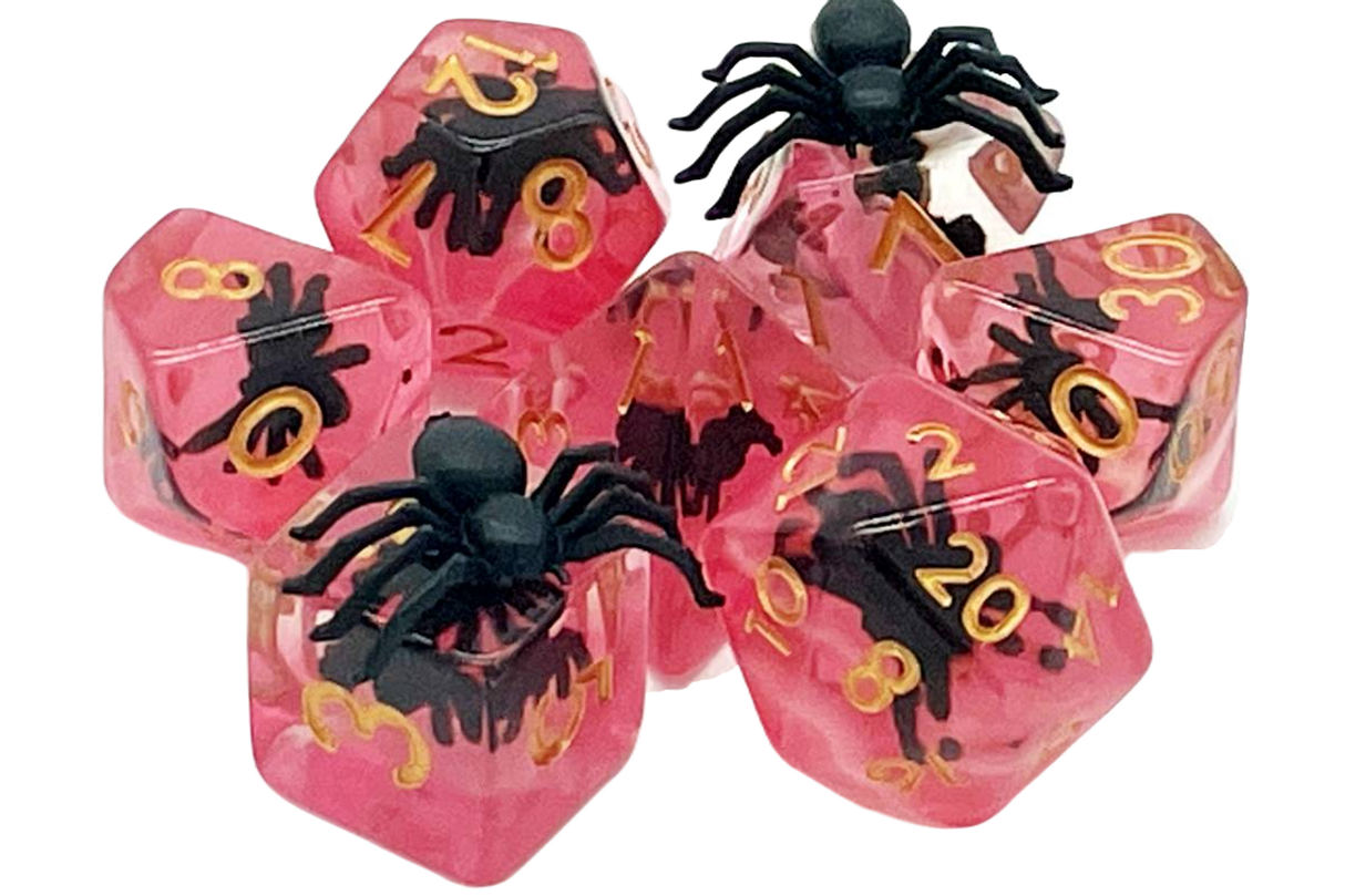 Old School 7 Piece DnD RPG Dice Set: Animal Kingdom - Spider - Black w/ Red