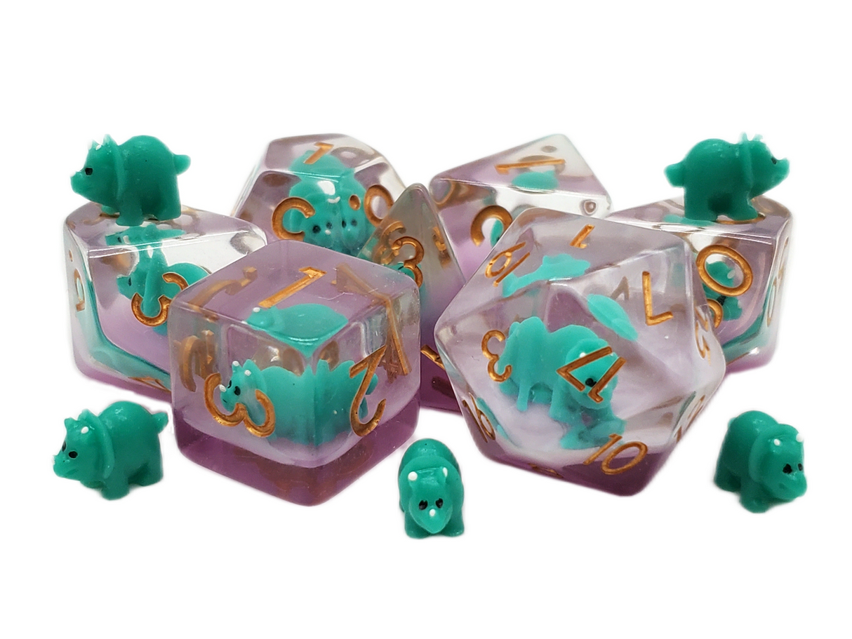 Old School 7 Piece DnD RPG Dice Set: Animal Kingdom - Baby Triceratops - Green