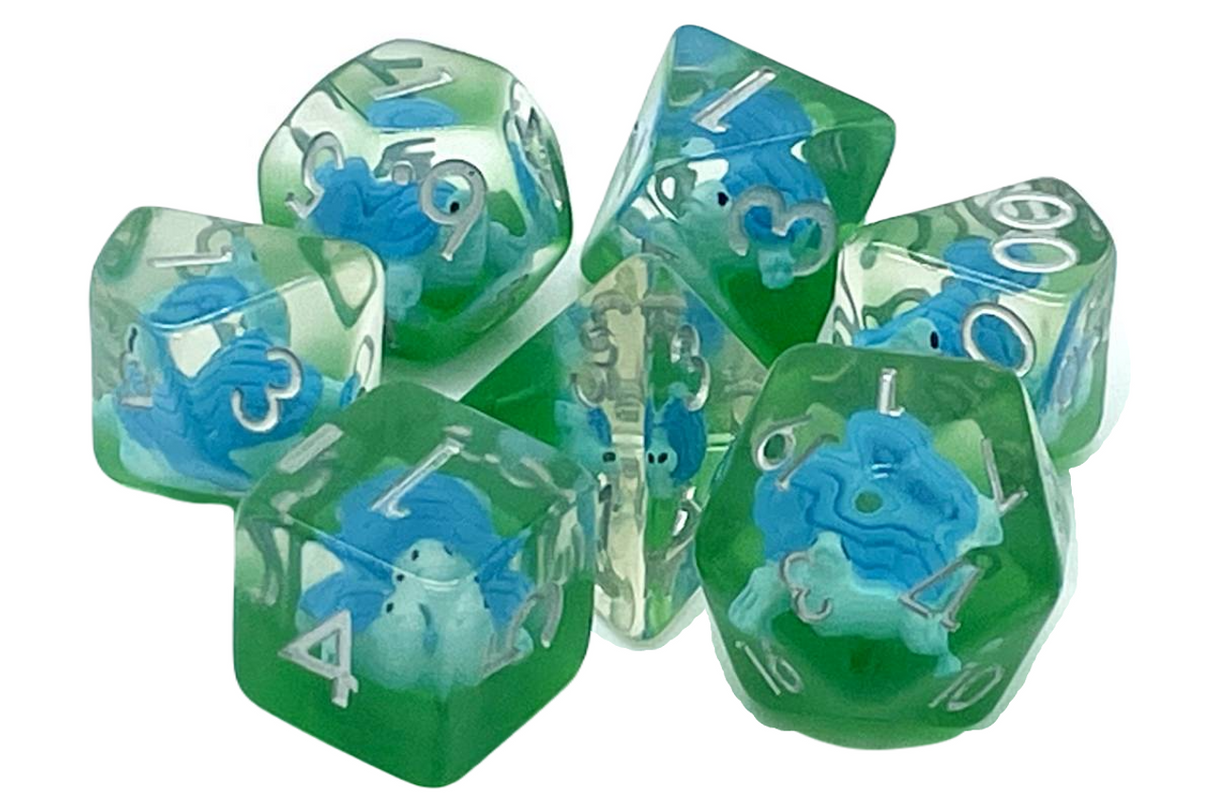 Old School 7 Piece DnD RPG Dice Set: Animal Kingdom - Turtle - Blue w/ Green