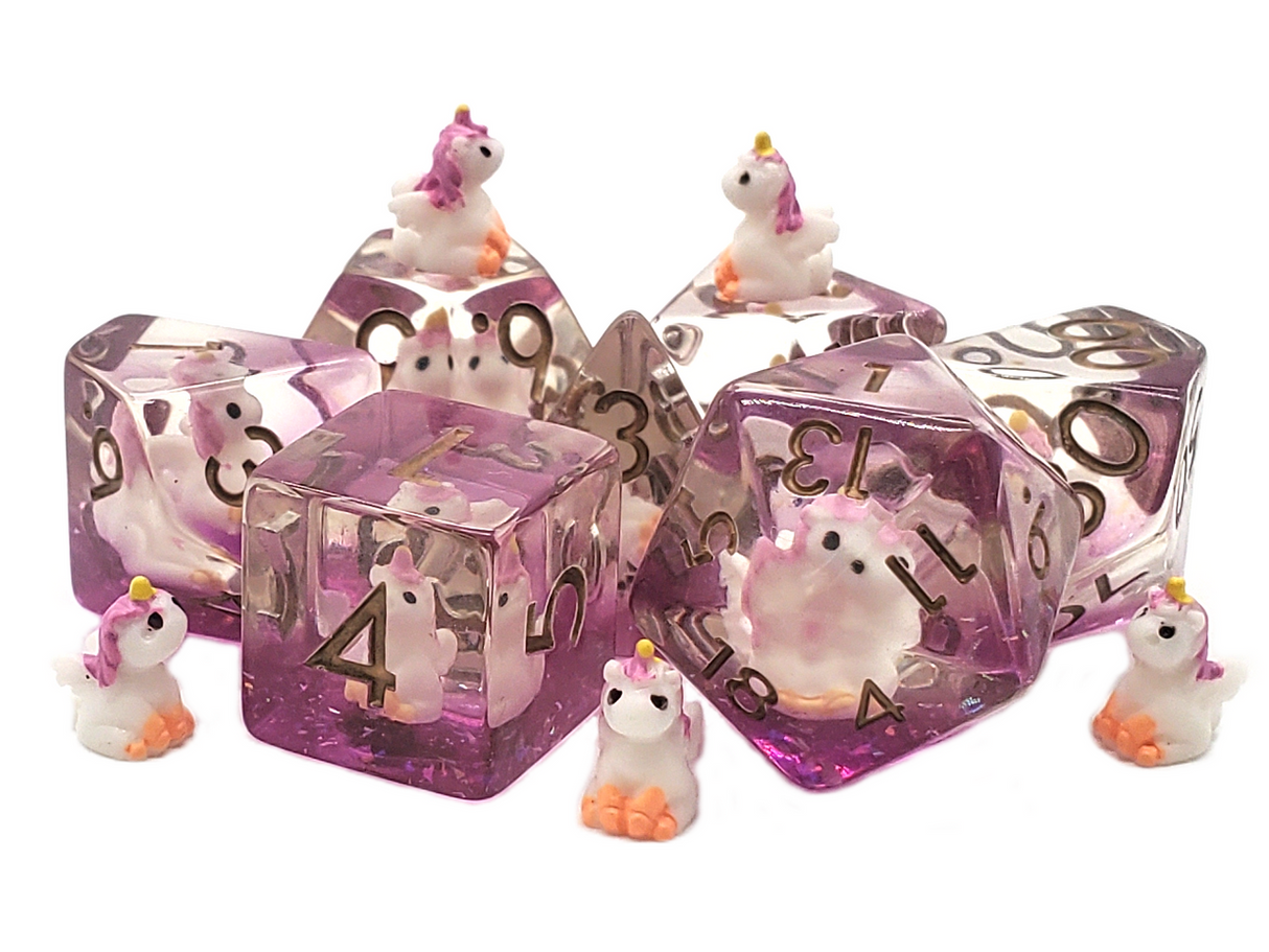 Old School 7 Piece DnD RPG Dice Set: Animal Kingdom - Pink Unicorn
