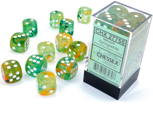 Nebula Spring/white 16mm D6 Dice Block (12 Dice) - Chessex