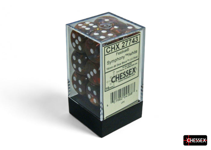 Festive Symphony/white 16mm D6 Dice Block (12 Dice) - Chessex
