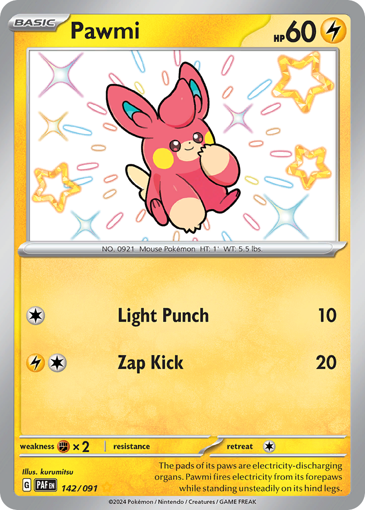 shiny pokemon cards paldean fates Pawmi (142/91)