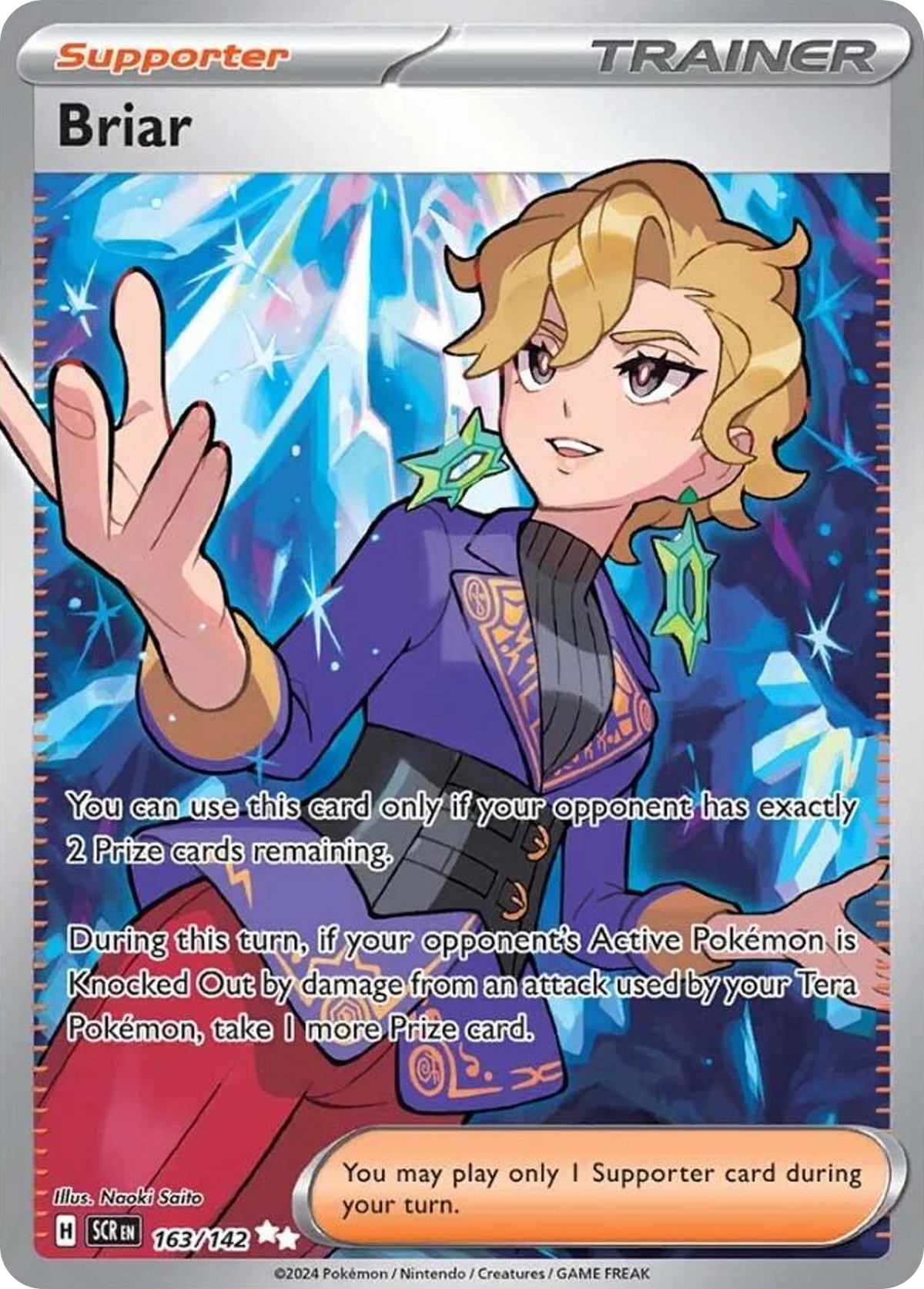 briar pokemon card full art Trading Game Stellar Crown Ultra Rare #163 Features the unique Briar Misstep card, for 2 Scene:Camp Comrades Defenders