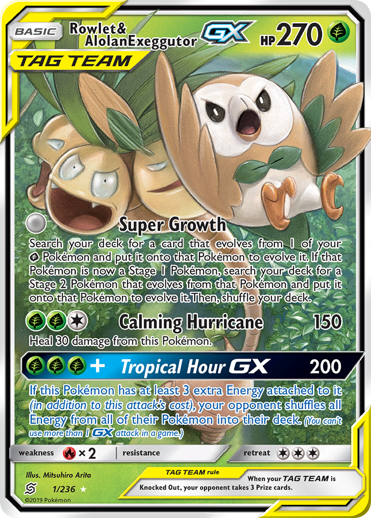 Rowlet & Alolan Exeggutor-GX (1/236) - [Holo Foil] Unified Minds (UNM)