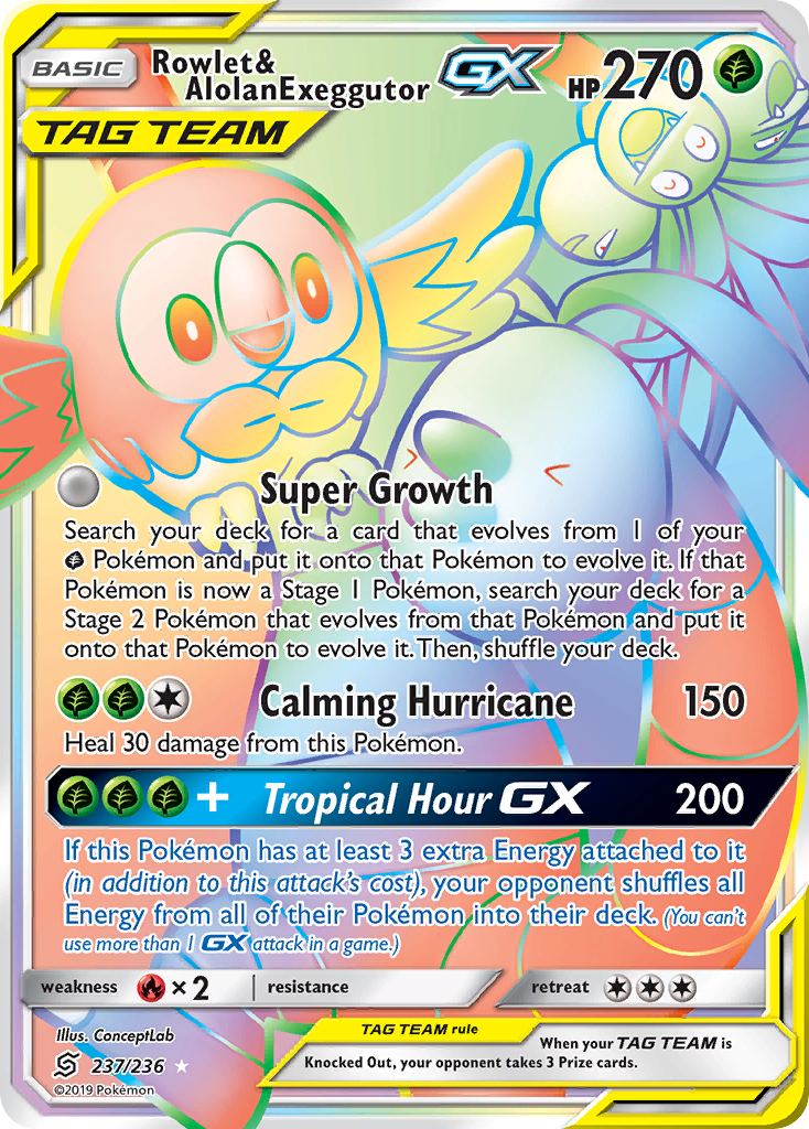 Rowlet & Alolan Exeggutor-GX (237/236) - [Rainbow Holo] Unified Minds (UNM)